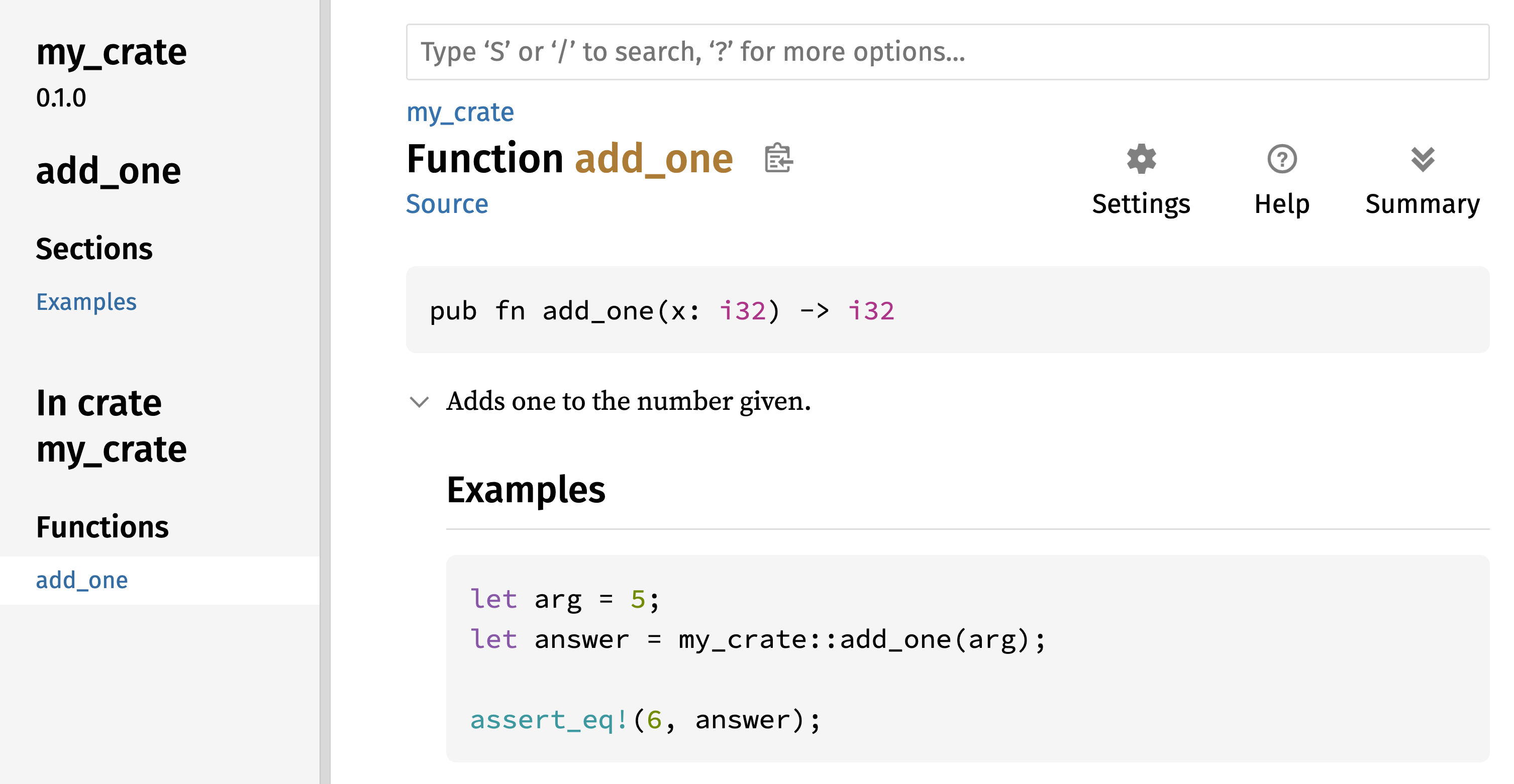 เอกสาร HTML ที่ถูกแสดงผลสำหรับฟังก์ชัน add_one ของ my_crate